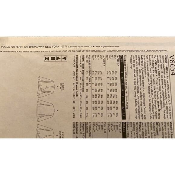 Vogue Katherine Tilton V8654 Sewing Pattern 8-10-12-14 Jacket Sewing Pattern - Picture 3 of 8